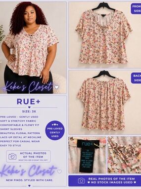 Rue21 Cream Floral Lace-Up V-Neck Short Sleeve Top